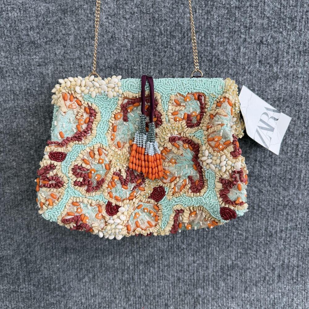 Zara Beaded Sequin Beaded Shell Clutch Crossbody Bag Tassel Chain Boho Party